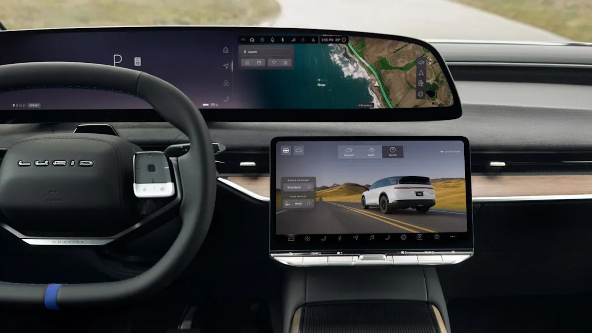Interior cabin view of the 2027 Lucid Gravity GT-S showcasing blue accents