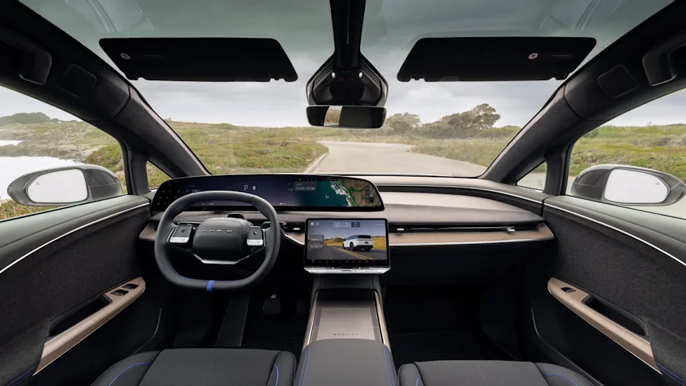 Interior cabin view of the 2027 Lucid Gravity GT-S showcasing blue accents