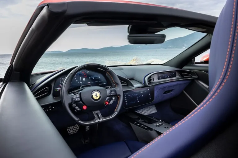 Interior view of the Ferrari Amalfi Spider driver cockpit and passenger screen
