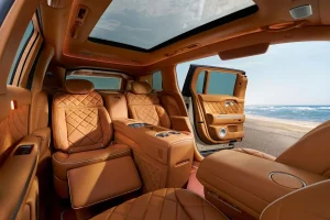 Luxurious interior of the 2027 Genesis GV90 electric SUV featuring swiveling front seats and a spacious cabin layout.