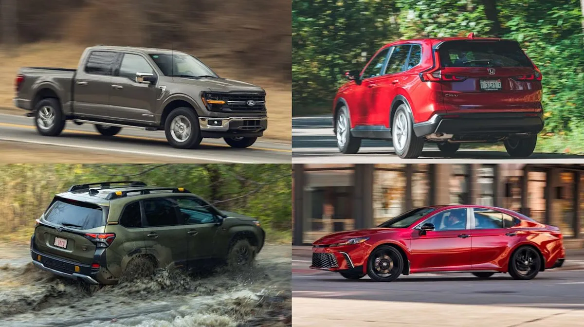 Overview of bestselling vehicles and trucks driving on the road