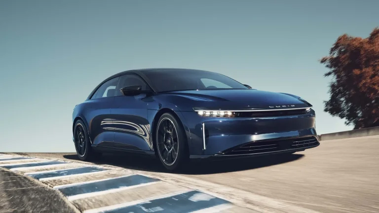 The high-performance Lucid Air Sapphire electric sedan accelerating on a track
