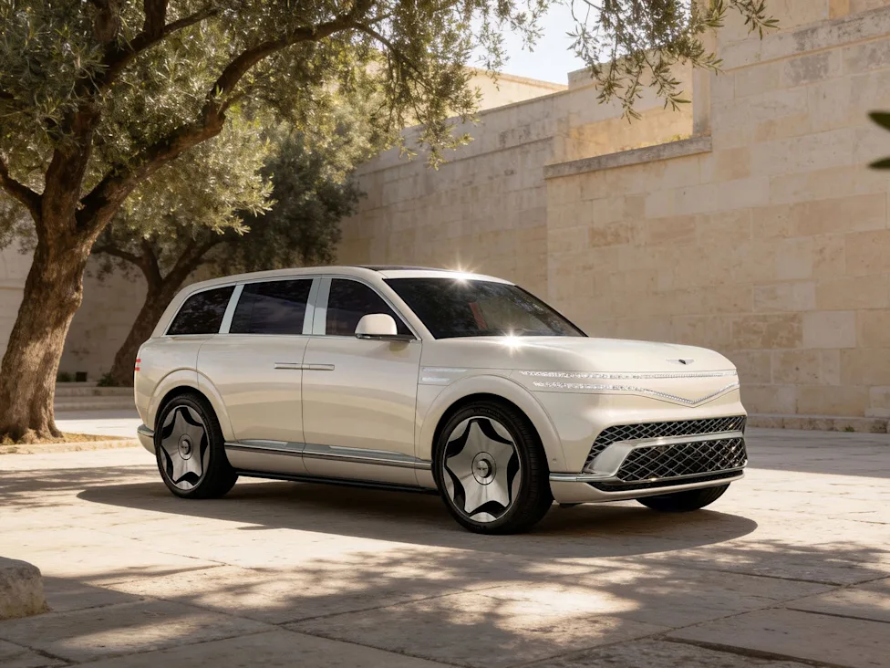 The sleek exterior design of the flagship 2027 Genesis GV90 electric SUV