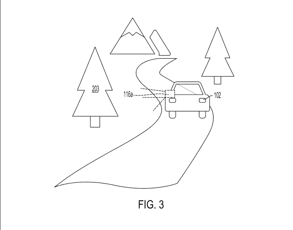 Conceptual diagram of Toyota's patent showing interior gaze tracking and exterior camera capture system