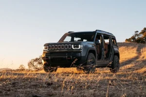 The exterior of the boxy 2026 Jeep Recon electric SUV showcasing its off-road design.