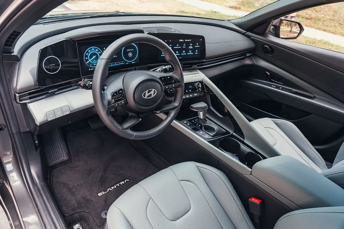 The modern and spacious dashboard and cabin area of the 2026 Hyundai Elantra Hybrid Limited