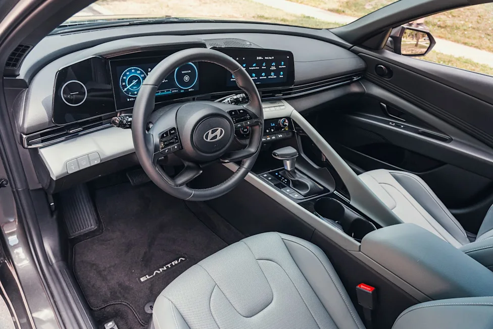 The modern and spacious dashboard and cabin area of the 2026 Hyundai Elantra Hybrid Limited
