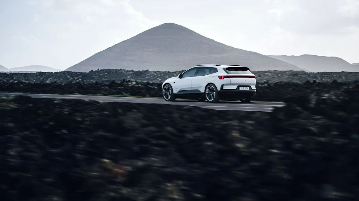 The new Polestar 4 SUV showing its elongated roofline and rear profile